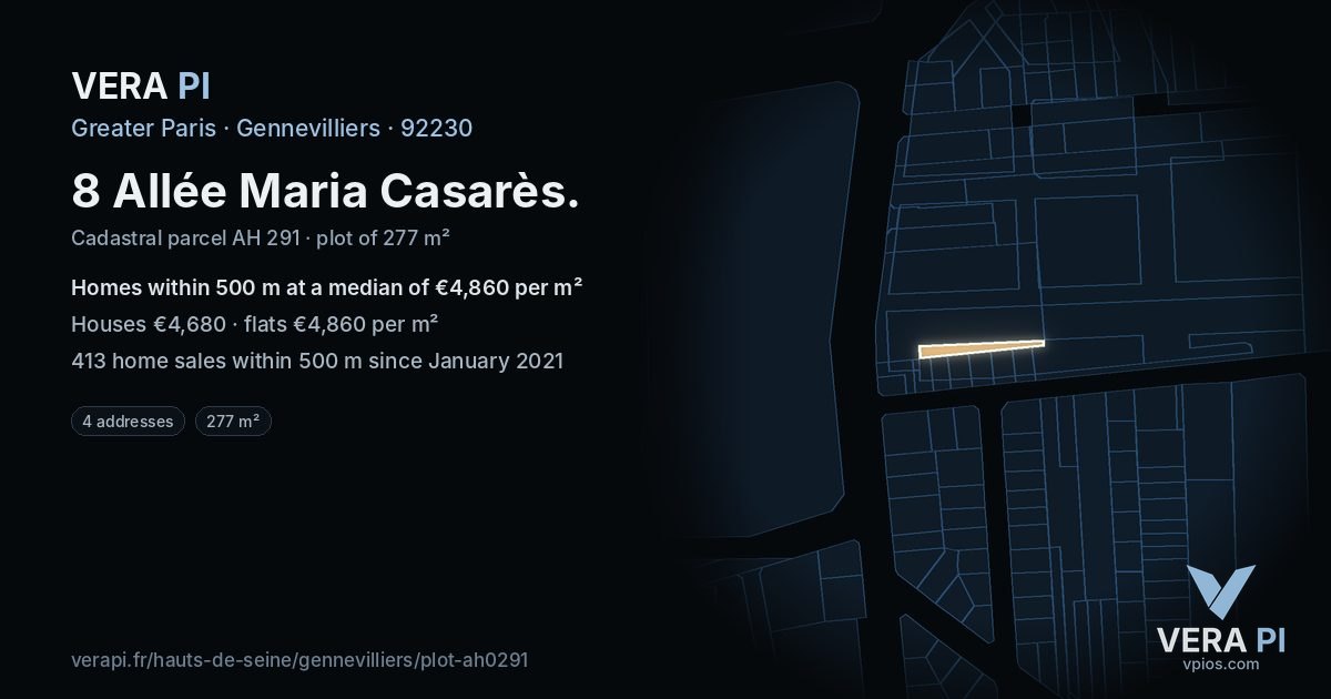 8 Allée Maria Casarès, Gennevilliers at night – the plot lit, the parcels around coloured by the prices near them
