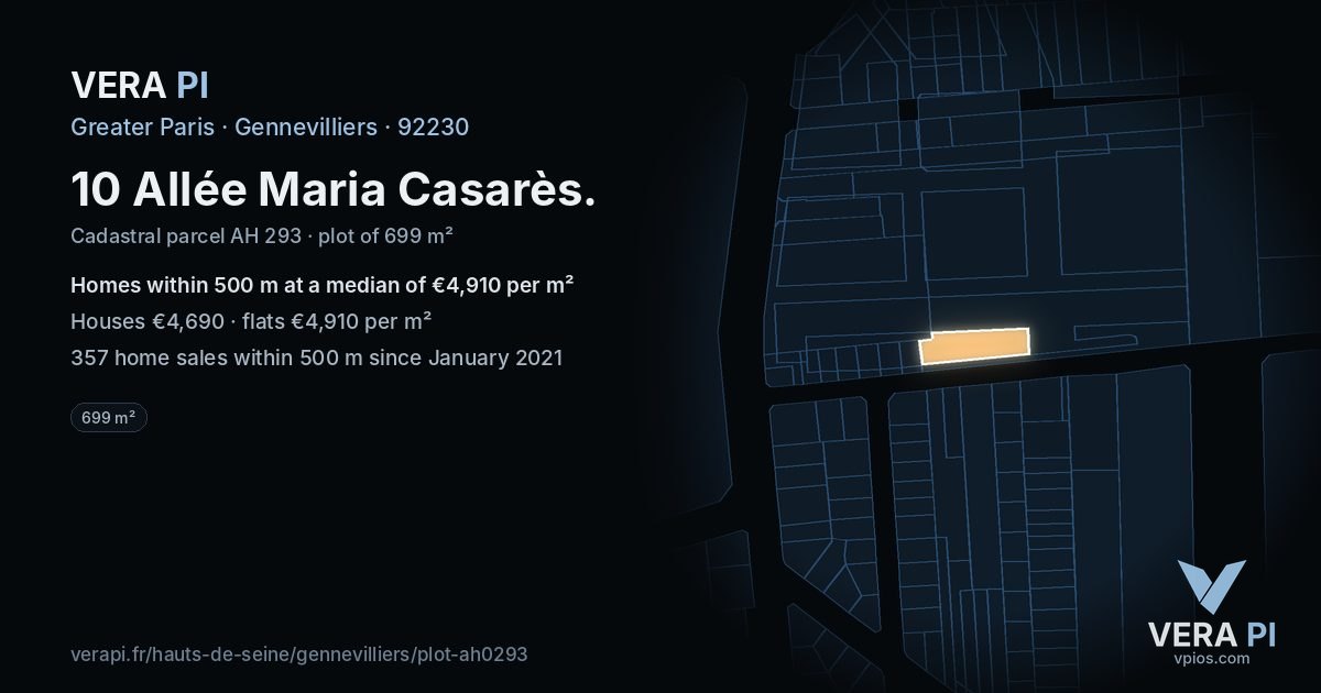 10 Allée Maria Casarès, Gennevilliers at night – the plot lit, the parcels around coloured by the prices near them