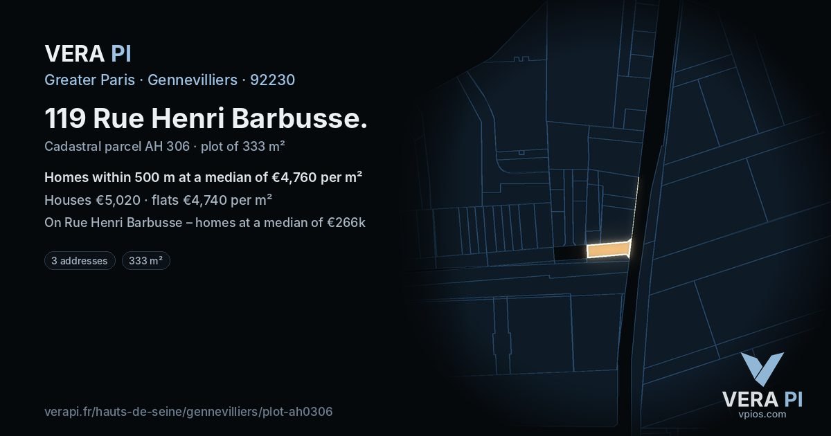 119 Rue Henri Barbusse, Gennevilliers at night – the plot lit, the parcels around coloured by the prices near them