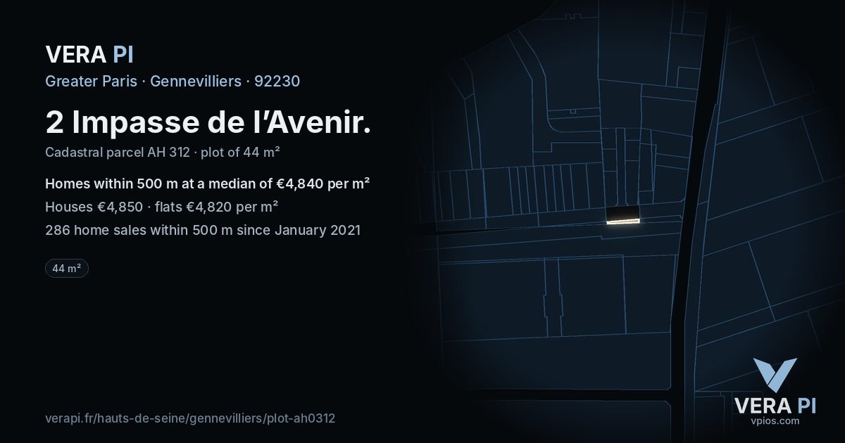 2 Impasse de l’Avenir, Gennevilliers at night – the plot lit, the parcels around coloured by the prices near them