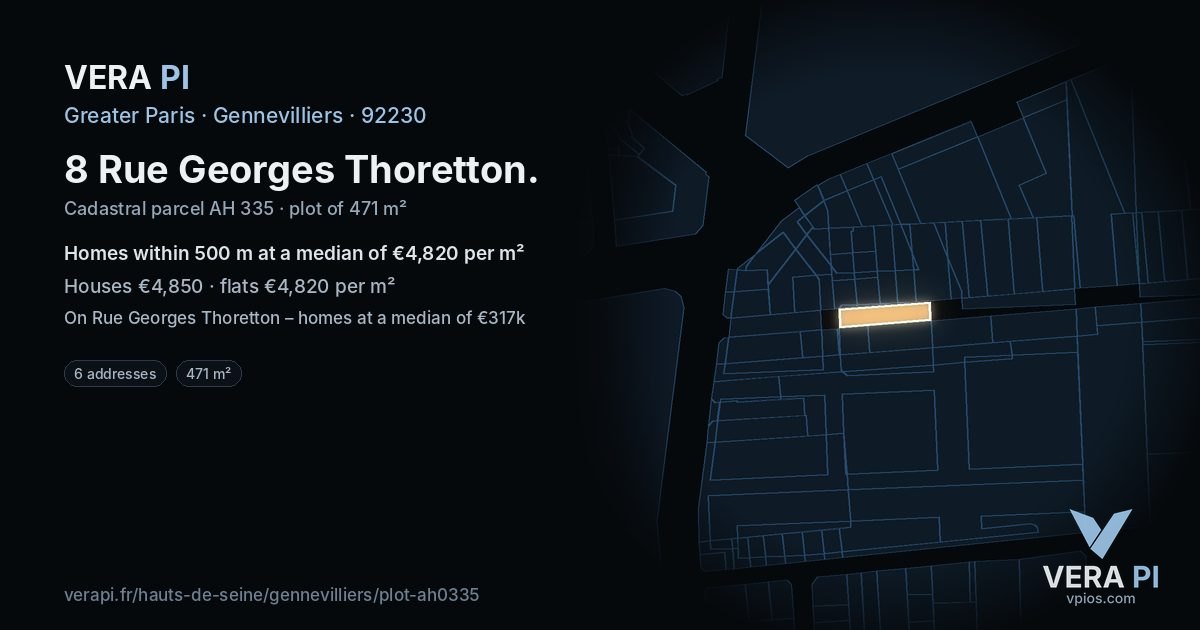 8 Rue Georges Thoretton, Gennevilliers at night – the plot lit, the parcels around coloured by the prices near them