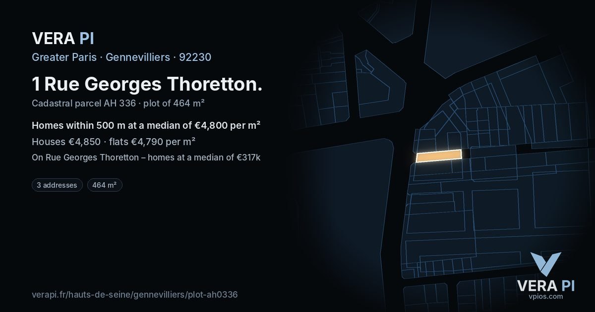 1 Rue Georges Thoretton, Gennevilliers at night – the plot lit, the parcels around coloured by the prices near them