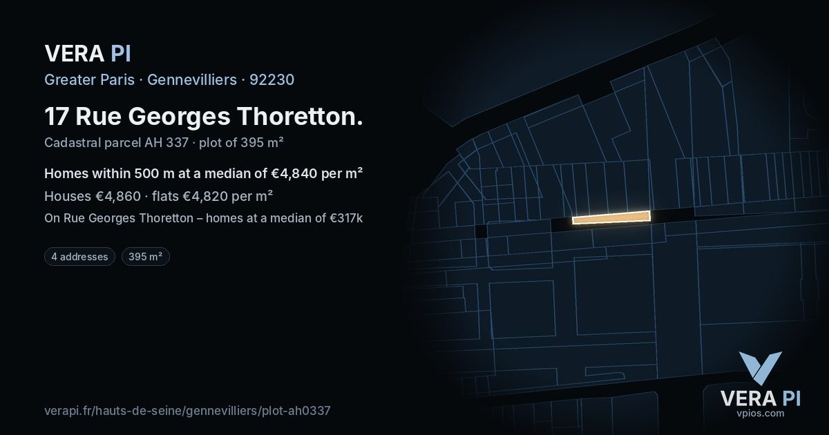 17 Rue Georges Thoretton, Gennevilliers at night – the plot lit, the parcels around coloured by the prices near them