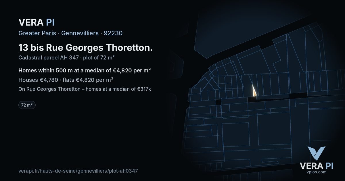 13 bis Rue Georges Thoretton, Gennevilliers at night – the plot lit, the parcels around coloured by the prices near them