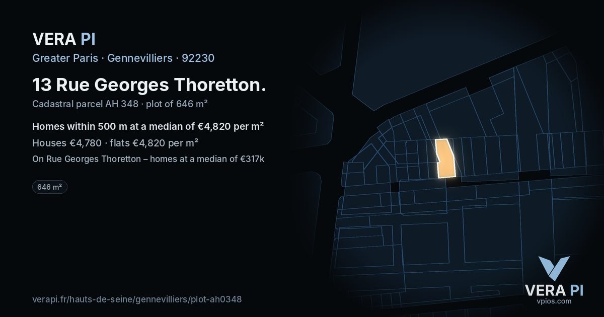 13 Rue Georges Thoretton, Gennevilliers at night – the plot lit, the parcels around coloured by the prices near them
