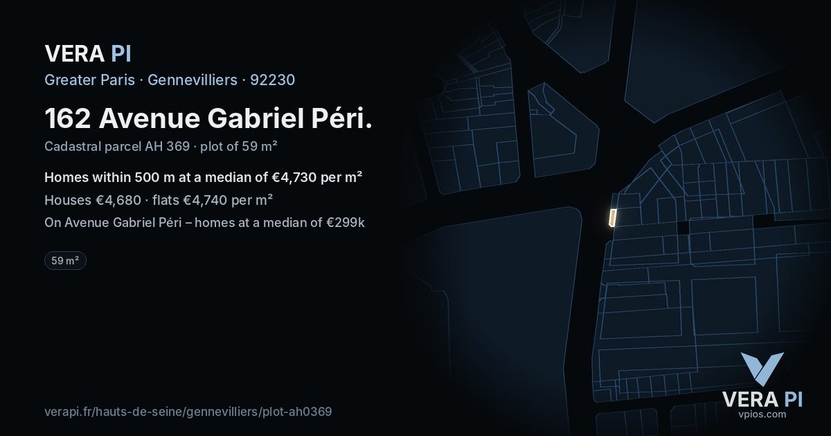 162 Avenue Gabriel Péri, Gennevilliers at night – the plot lit, the parcels around coloured by the prices near them