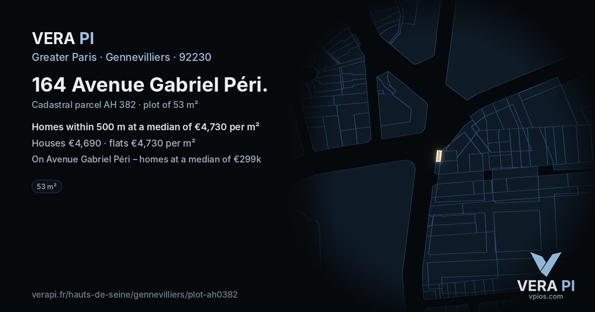 164 Avenue Gabriel Péri, Gennevilliers at night – the plot lit, the parcels around coloured by the prices near them
