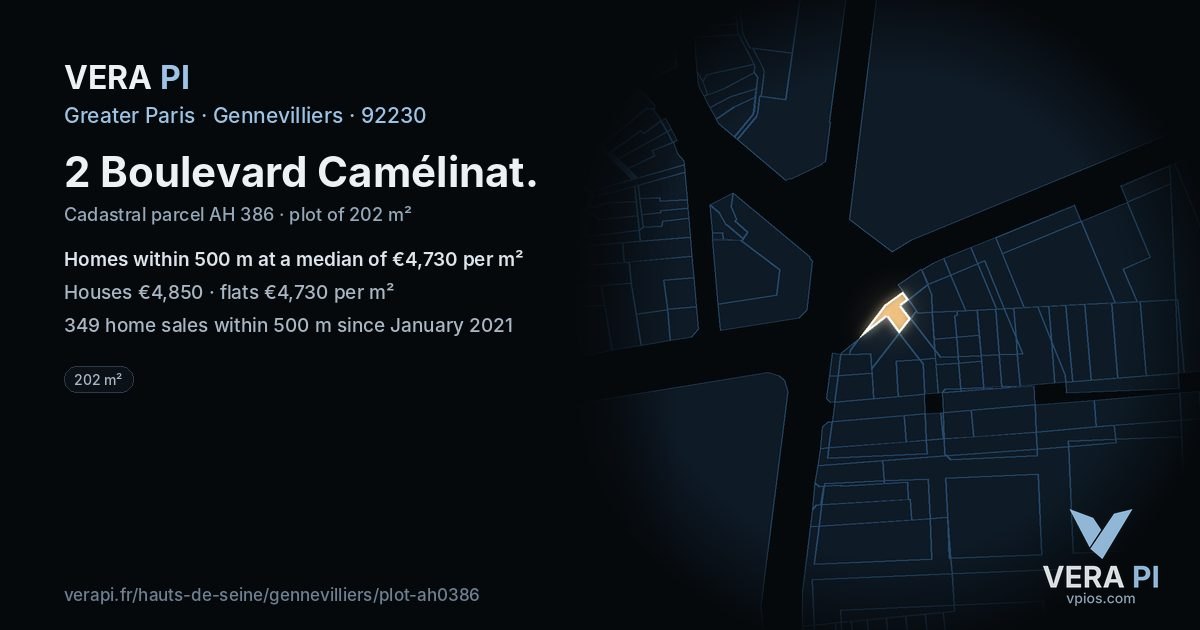 2 Boulevard Camélinat, Gennevilliers at night – the plot lit, the parcels around coloured by the prices near them