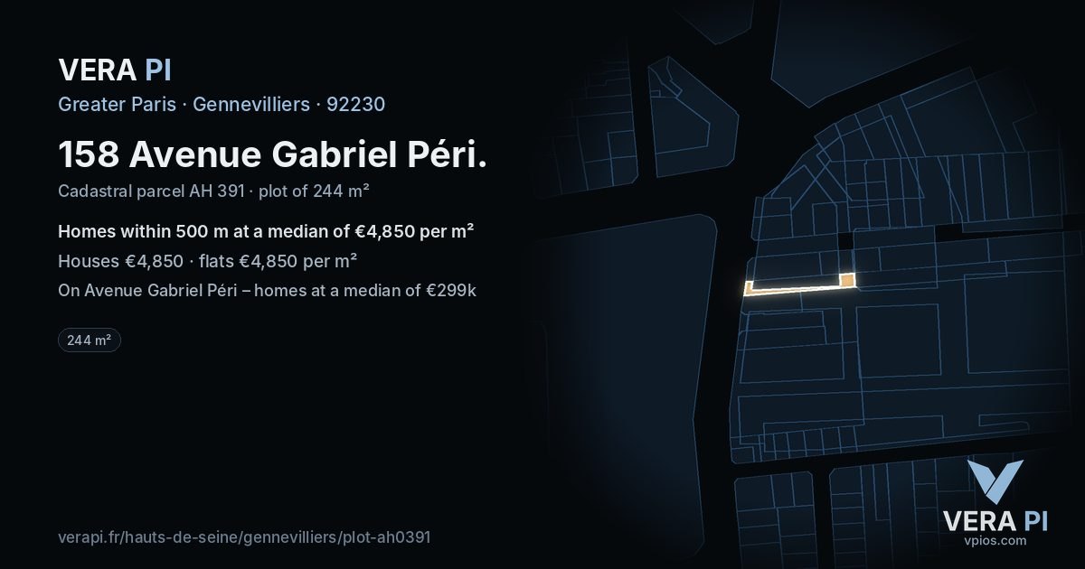 158 Avenue Gabriel Péri, Gennevilliers at night – the plot lit, the parcels around coloured by the prices near them
