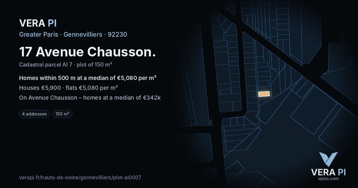 17 Avenue Chausson, Gennevilliers at night – the plot lit, the parcels around coloured by the prices near them