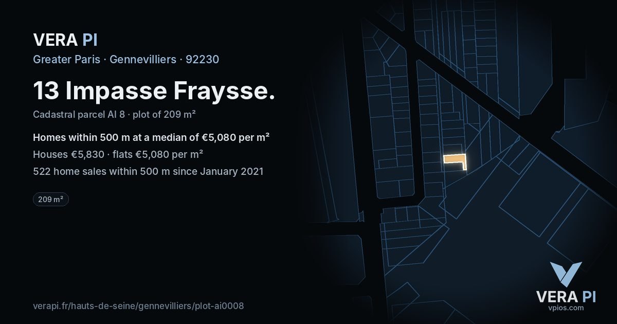 13 Impasse Fraysse, Gennevilliers at night – the plot lit, the parcels around coloured by the prices near them
