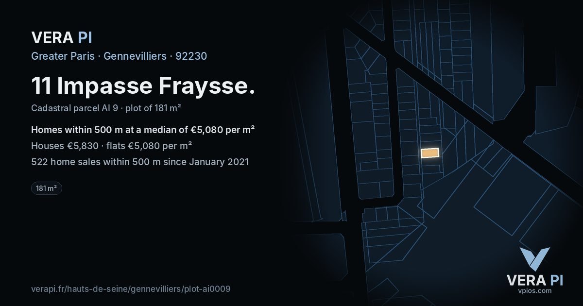 11 Impasse Fraysse, Gennevilliers at night – the plot lit, the parcels around coloured by the prices near them