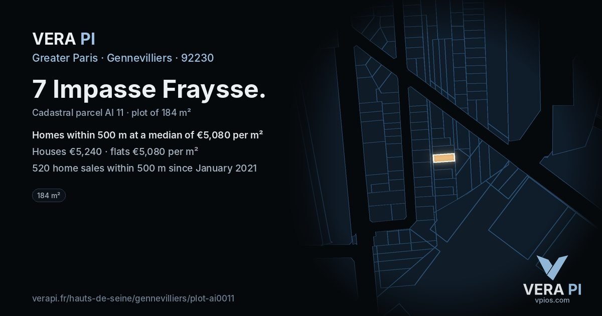 7 Impasse Fraysse, Gennevilliers at night – the plot lit, the parcels around coloured by the prices near them