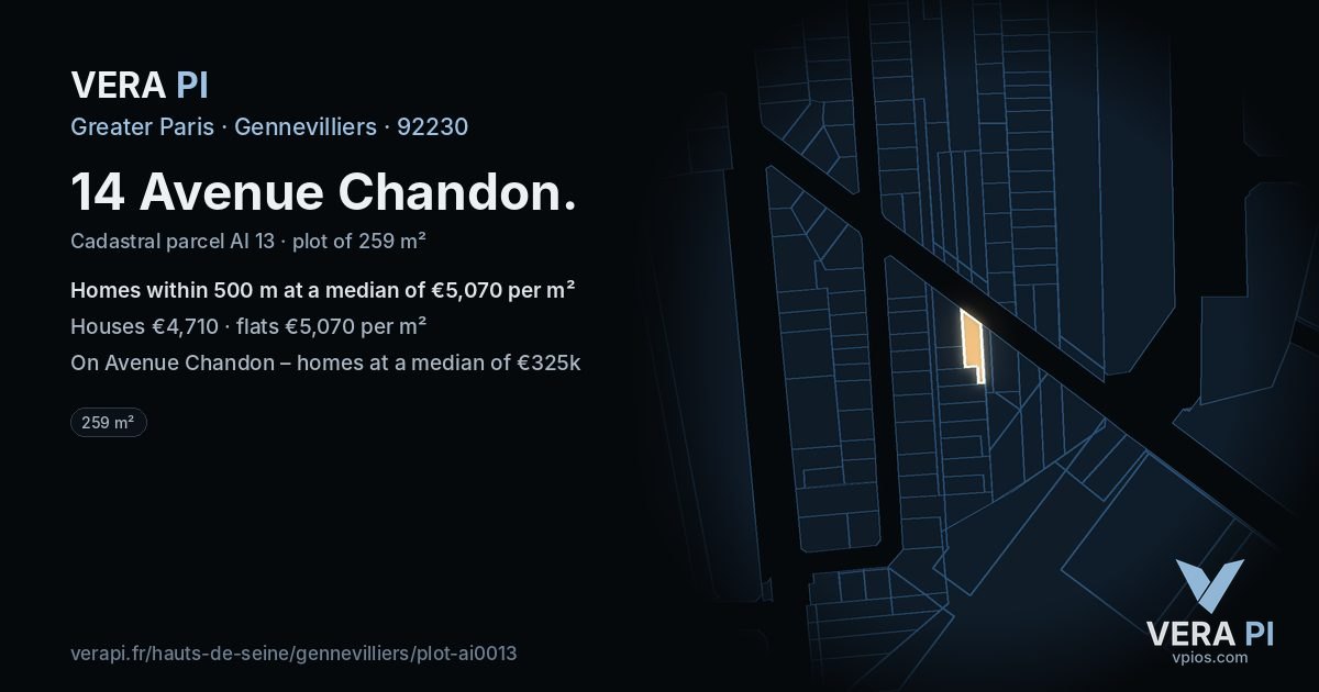 14 Avenue Chandon, Gennevilliers at night – the plot lit, the parcels around coloured by the prices near them