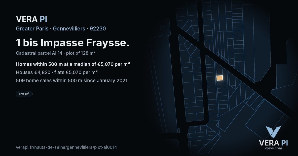1 bis Impasse Fraysse, Gennevilliers at night – the plot lit, the parcels around coloured by the prices near them