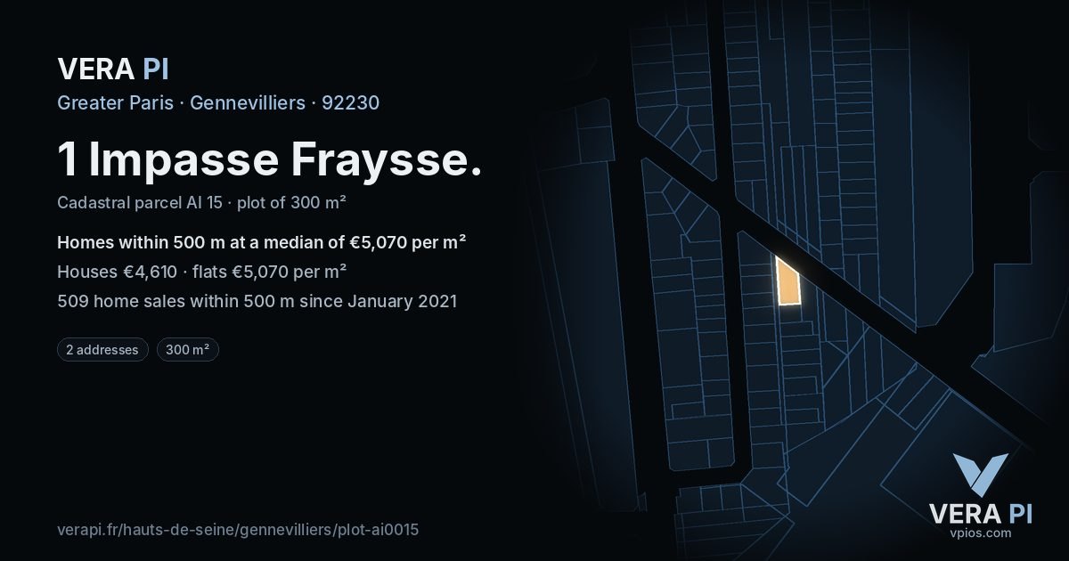 1 Impasse Fraysse, Gennevilliers at night – the plot lit, the parcels around coloured by the prices near them