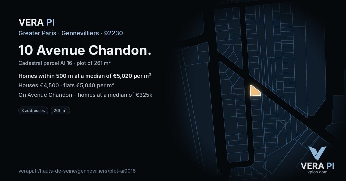 10 Avenue Chandon, Gennevilliers at night – the plot lit, the parcels around coloured by the prices near them