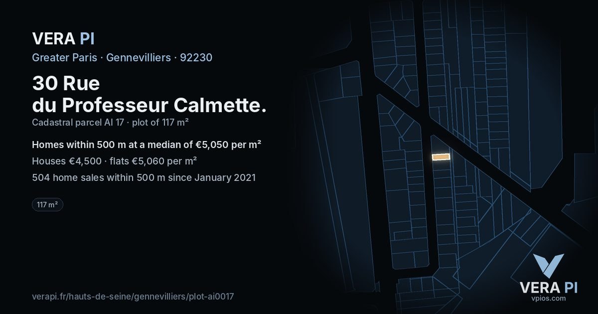 30 Rue du Professeur Calmette, Gennevilliers at night – the plot lit, the parcels around coloured by the prices near them