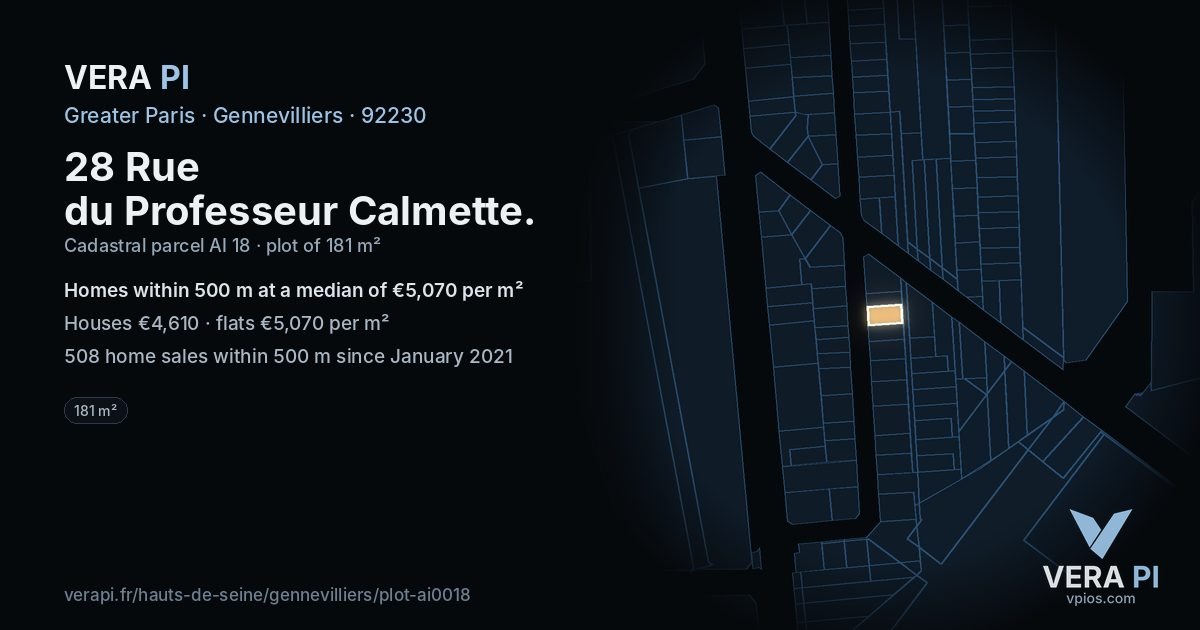 28 Rue du Professeur Calmette, Gennevilliers at night – the plot lit, the parcels around coloured by the prices near them