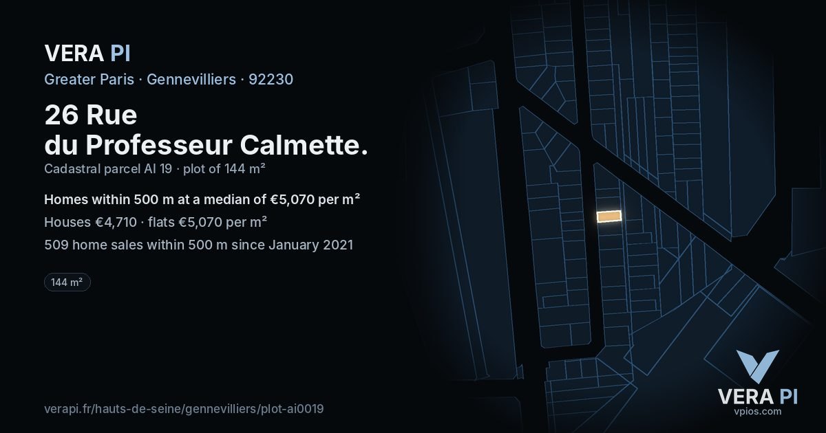 26 Rue du Professeur Calmette, Gennevilliers at night – the plot lit, the parcels around coloured by the prices near them