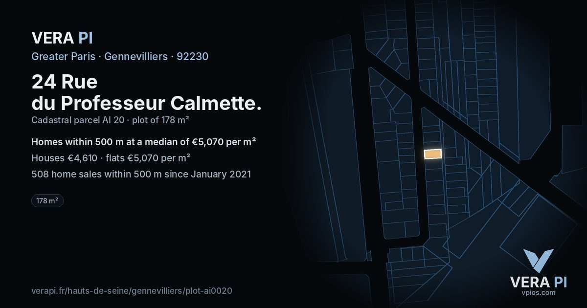 24 Rue du Professeur Calmette, Gennevilliers at night – the plot lit, the parcels around coloured by the prices near them