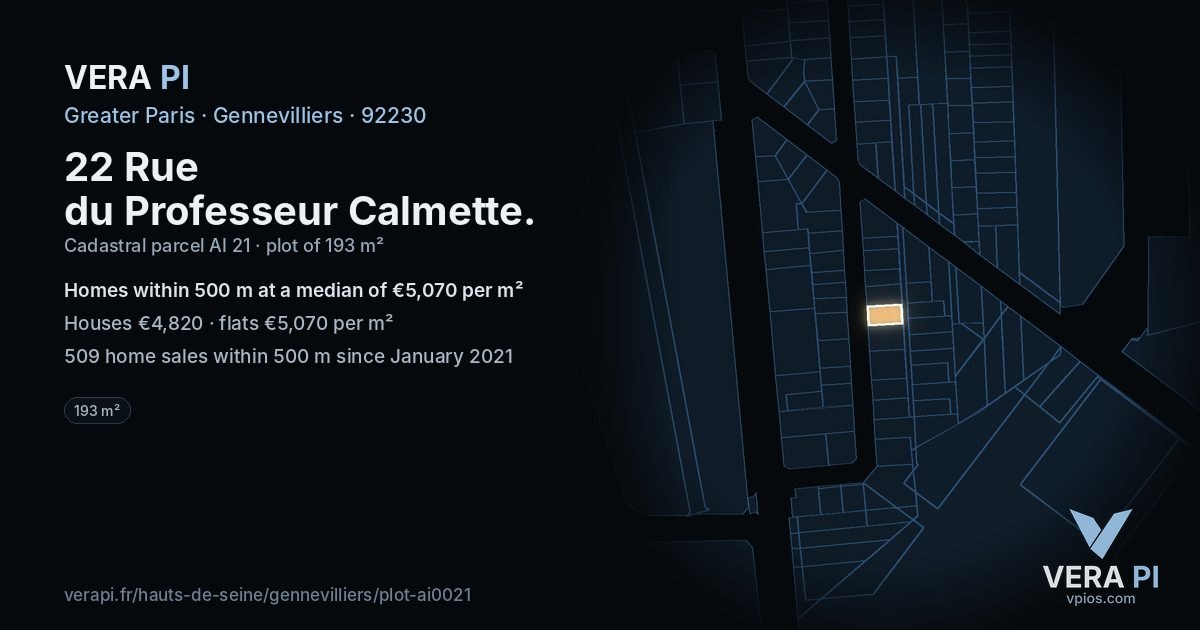 22 Rue du Professeur Calmette, Gennevilliers at night – the plot lit, the parcels around coloured by the prices near them