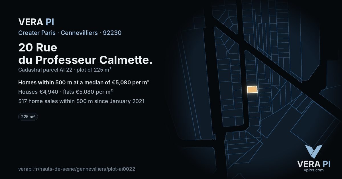 20 Rue du Professeur Calmette, Gennevilliers at night – the plot lit, the parcels around coloured by the prices near them