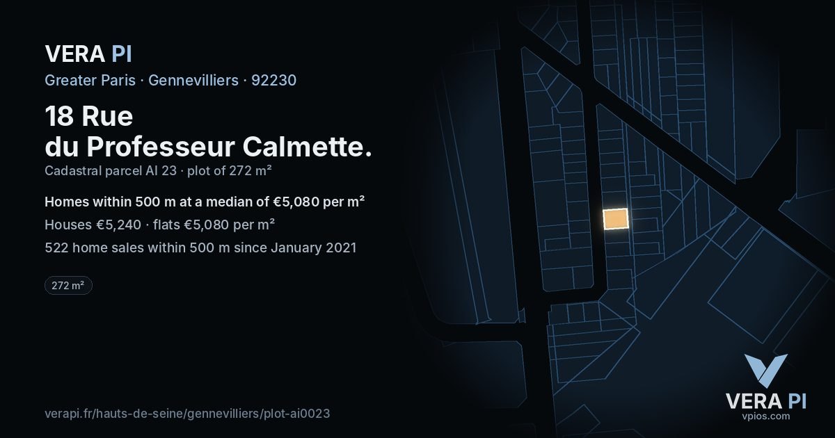 18 Rue du Professeur Calmette, Gennevilliers at night – the plot lit, the parcels around coloured by the prices near them