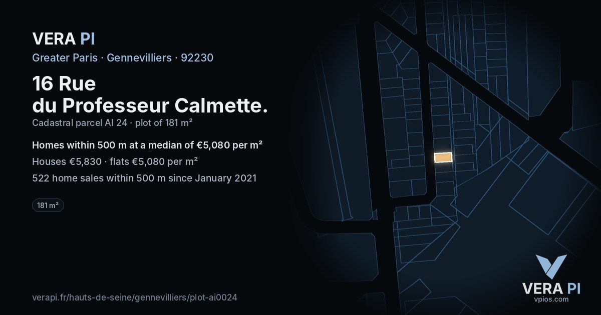 16 Rue du Professeur Calmette, Gennevilliers at night – the plot lit, the parcels around coloured by the prices near them