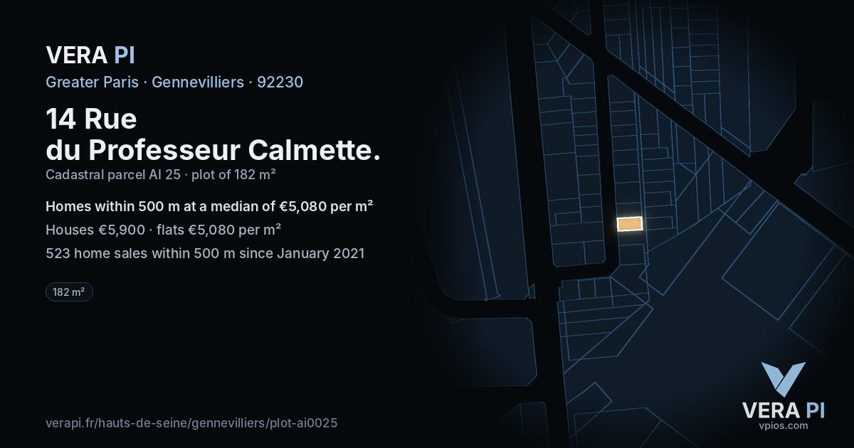 14 Rue du Professeur Calmette, Gennevilliers at night – the plot lit, the parcels around coloured by the prices near them