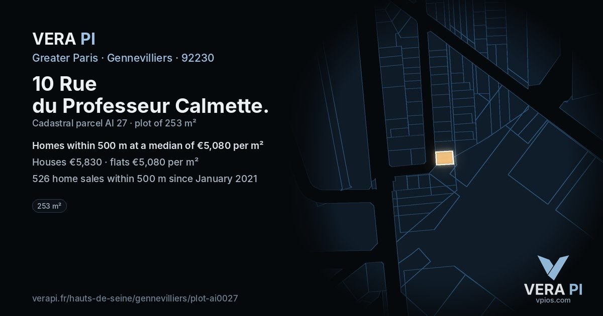 10 Rue du Professeur Calmette, Gennevilliers at night – the plot lit, the parcels around coloured by the prices near them