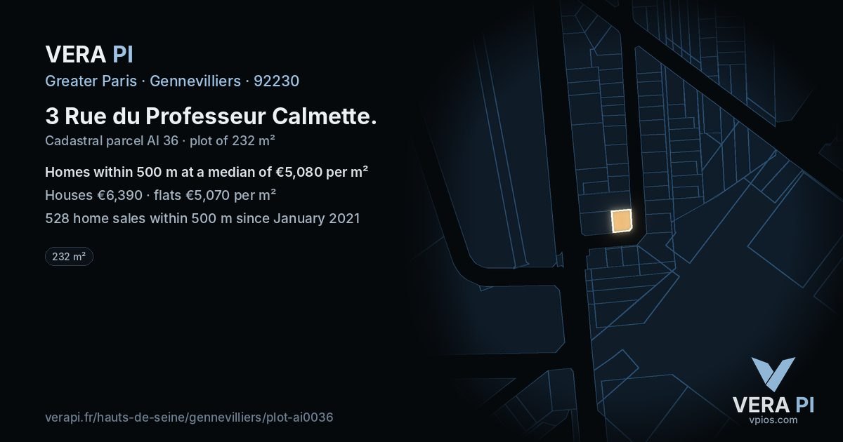 3 Rue du Professeur Calmette, Gennevilliers at night – the plot lit, the parcels around coloured by the prices near them