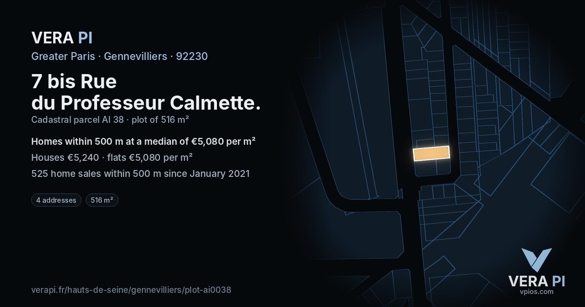 7 bis Rue du Professeur Calmette, Gennevilliers at night – the plot lit, the parcels around coloured by the prices near them