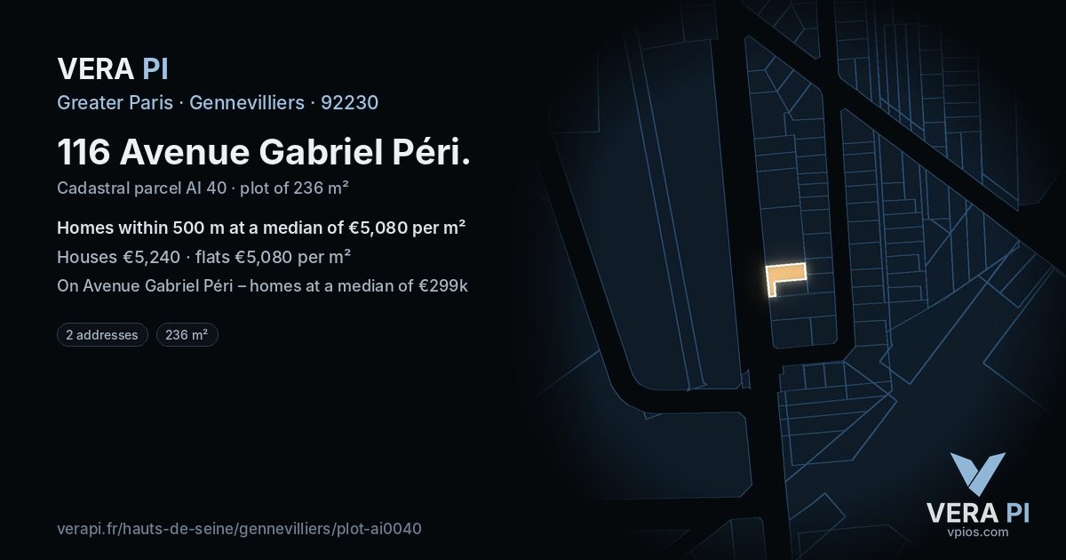 116 Avenue Gabriel Péri, Gennevilliers at night – the plot lit, the parcels around coloured by the prices near them