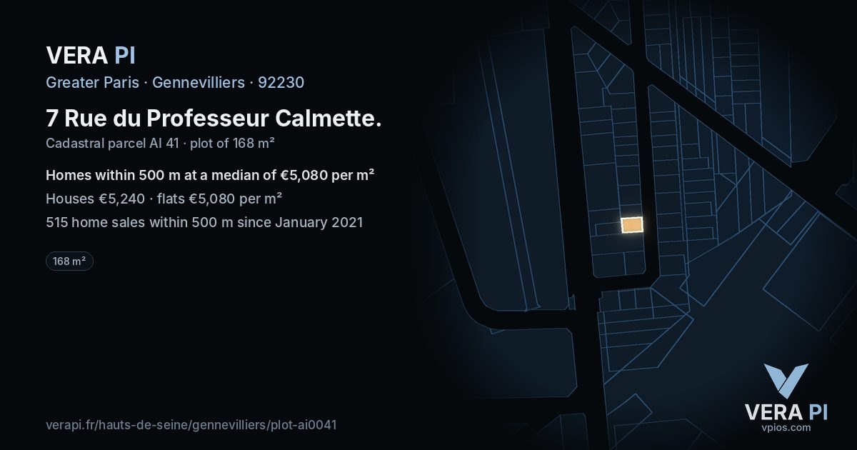 7 Rue du Professeur Calmette, Gennevilliers at night – the plot lit, the parcels around coloured by the prices near them