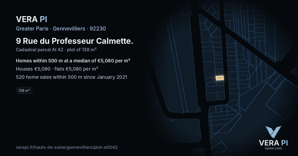 9 Rue du Professeur Calmette, Gennevilliers at night – the plot lit, the parcels around coloured by the prices near them