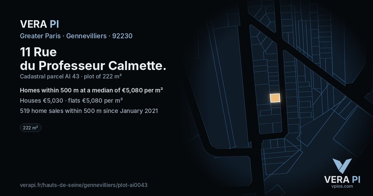 11 Rue du Professeur Calmette, Gennevilliers at night – the plot lit, the parcels around coloured by the prices near them