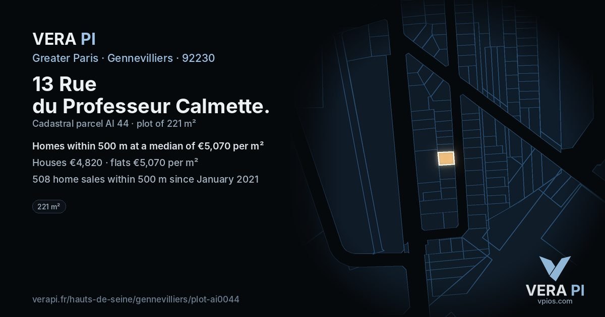13 Rue du Professeur Calmette, Gennevilliers at night – the plot lit, the parcels around coloured by the prices near them