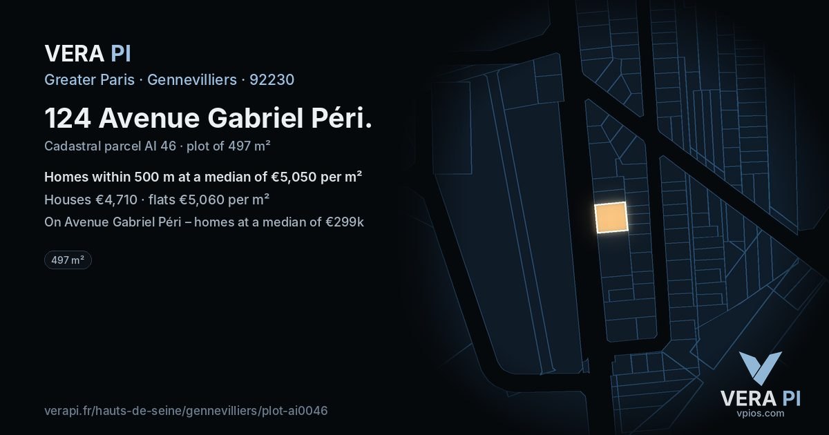 124 Avenue Gabriel Péri, Gennevilliers at night – the plot lit, the parcels around coloured by the prices near them