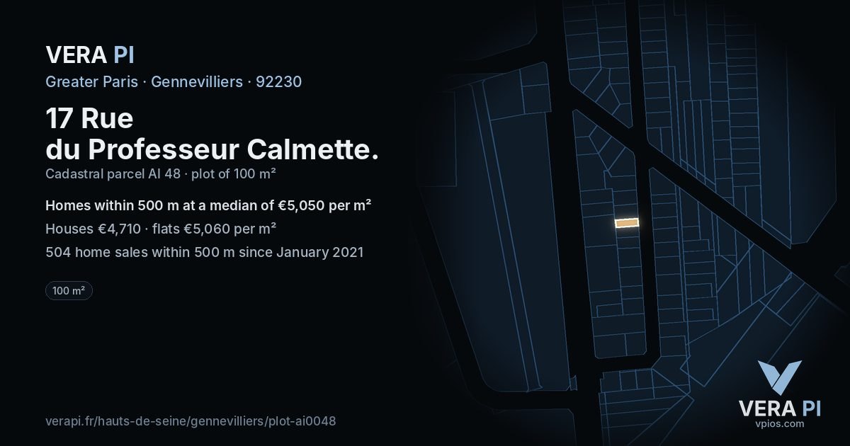 17 Rue du Professeur Calmette, Gennevilliers at night – the plot lit, the parcels around coloured by the prices near them