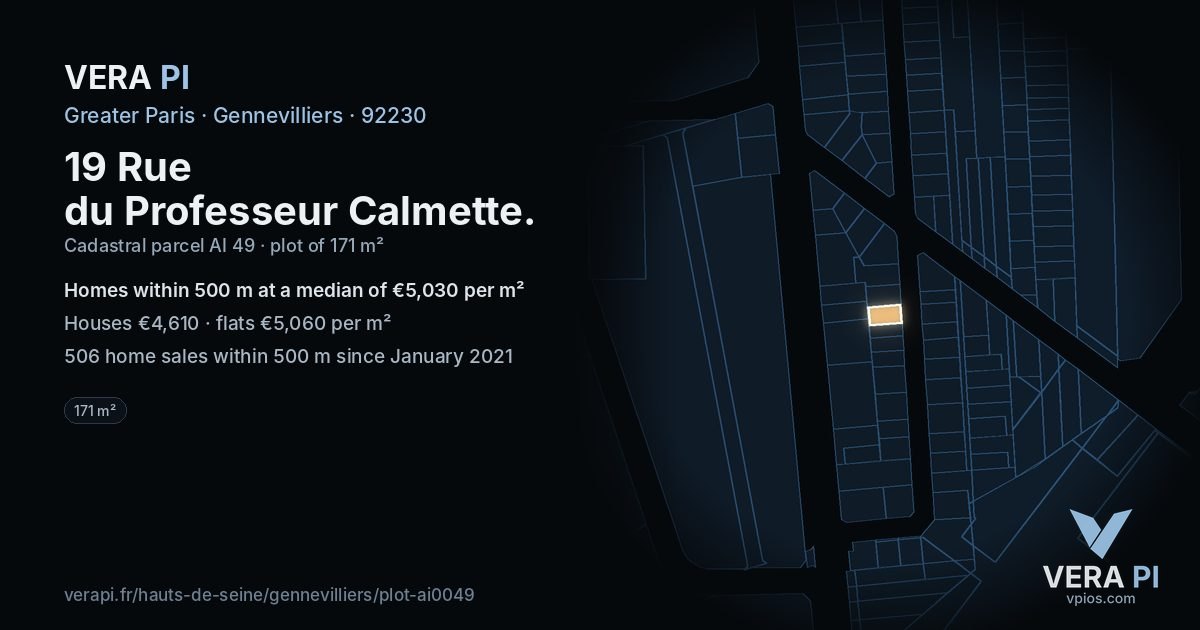 19 Rue du Professeur Calmette, Gennevilliers at night – the plot lit, the parcels around coloured by the prices near them