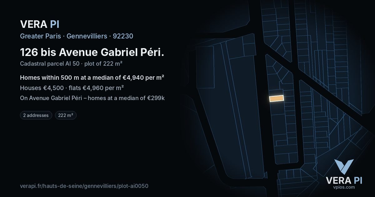 126 bis Avenue Gabriel Péri, Gennevilliers at night – the plot lit, the parcels around coloured by the prices near them