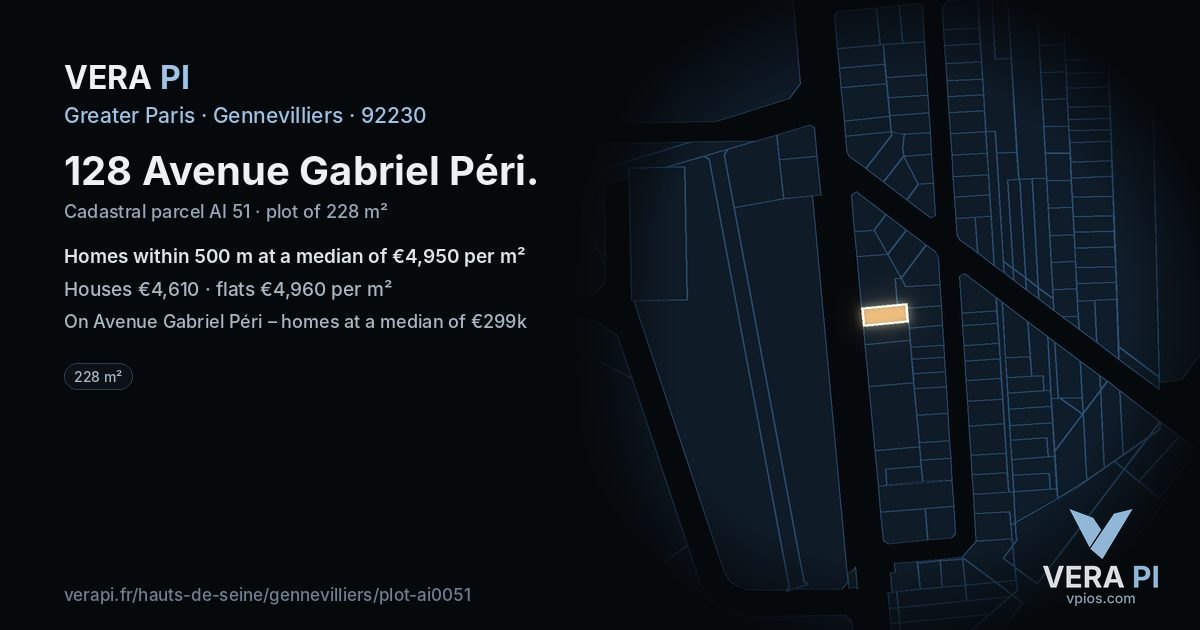 128 Avenue Gabriel Péri, Gennevilliers at night – the plot lit, the parcels around coloured by the prices near them