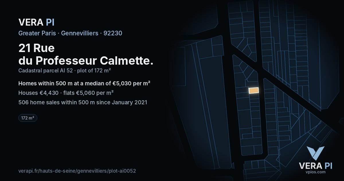 21 Rue du Professeur Calmette, Gennevilliers at night – the plot lit, the parcels around coloured by the prices near them