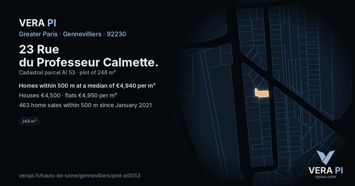 23 Rue du Professeur Calmette, Gennevilliers at night – the plot lit, the parcels around coloured by the prices near them