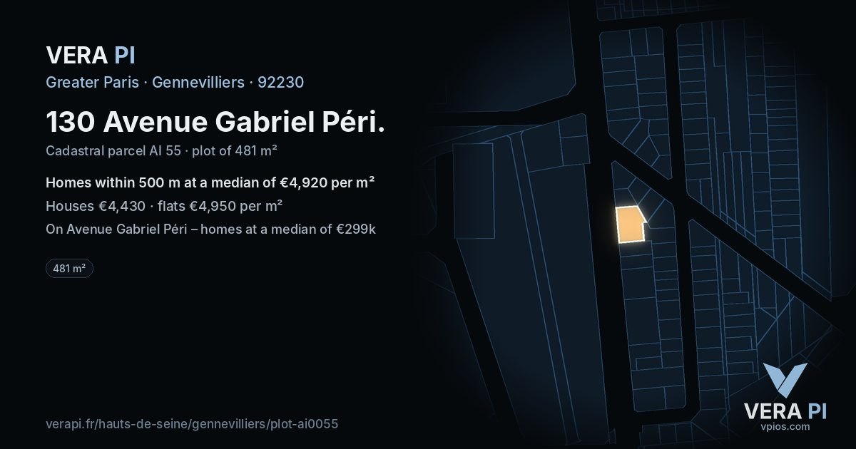 130 Avenue Gabriel Péri, Gennevilliers at night – the plot lit, the parcels around coloured by the prices near them