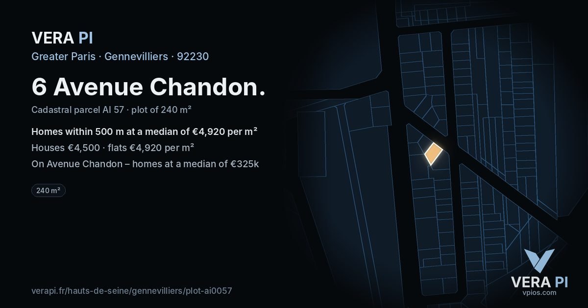 6 Avenue Chandon, Gennevilliers at night – the plot lit, the parcels around coloured by the prices near them