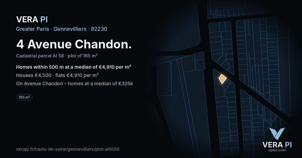 4 Avenue Chandon, Gennevilliers at night – the plot lit, the parcels around coloured by the prices near them