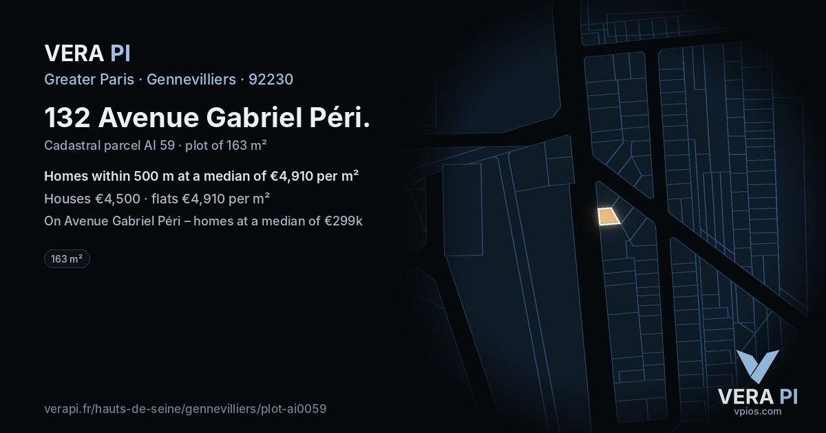 132 Avenue Gabriel Péri, Gennevilliers at night – the plot lit, the parcels around coloured by the prices near them