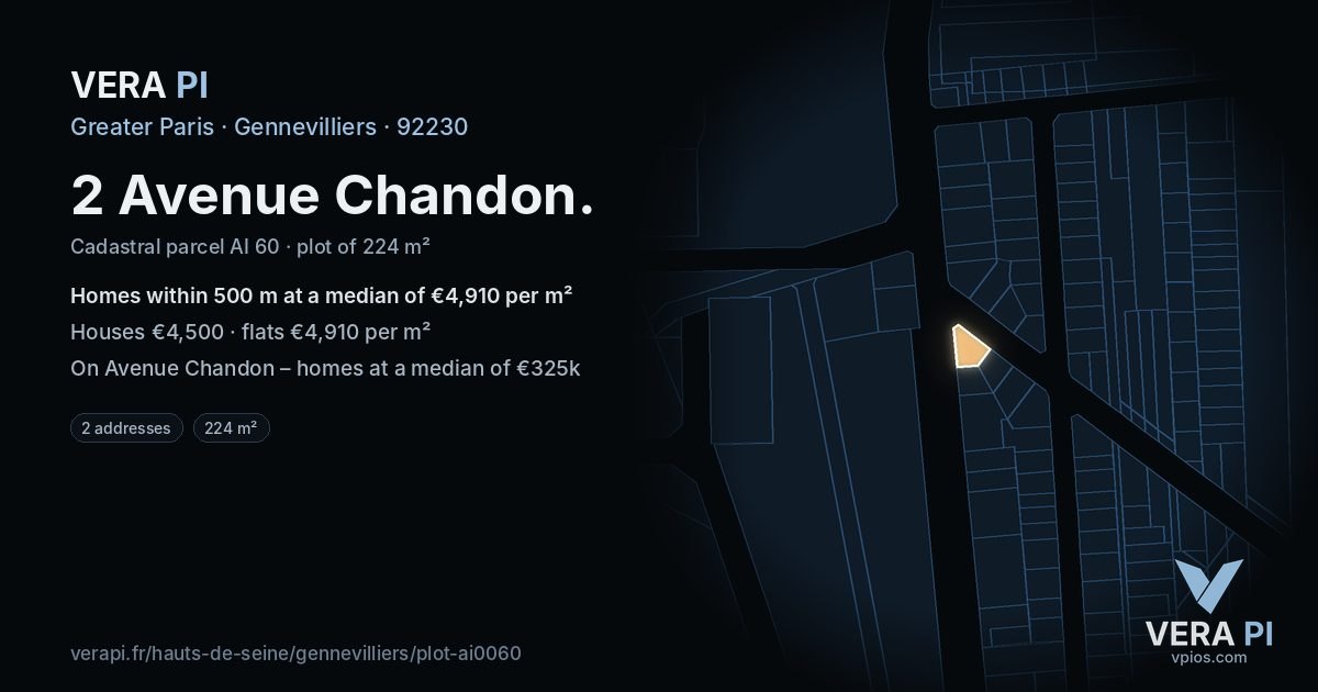 2 Avenue Chandon, Gennevilliers at night – the plot lit, the parcels around coloured by the prices near them